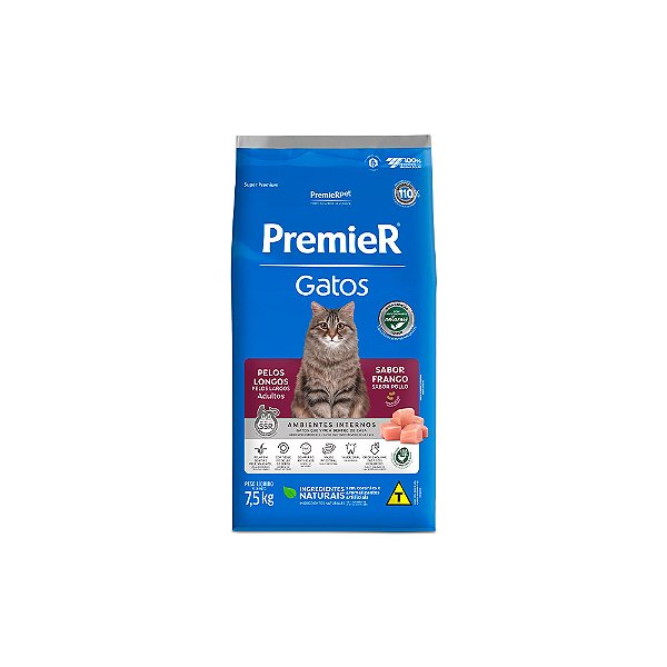 Ração Premier Gatos Adultos  Ambientes Internos Pelos Longos  Frango 7,5kg