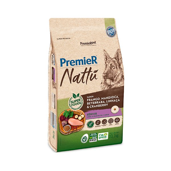 Ração Premier Nattu Cães Sênior Mandioca 10kg