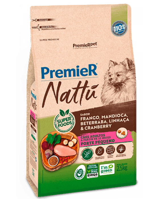 Raçao Premier Nattu Pacoteira Cães Adulto Raças Pequenas Mandioca 2,5kg