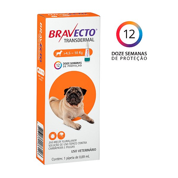 Antipulgas E Carrapatos Bravecto Transdermal 250mg Para Cães De 4,5 A 10kg - Msd Saúde Animal
