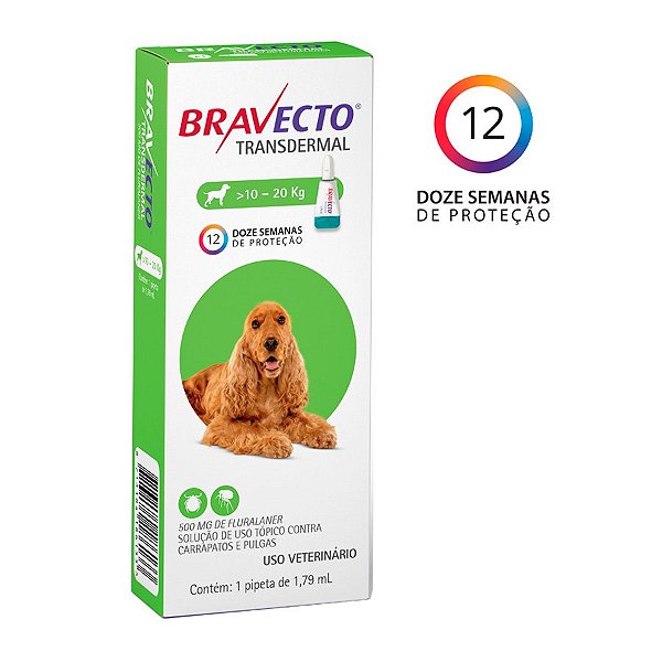 Antipulgas E Carrapatos Bravecto Transdermal 500mg Para Cães De 10 A 20kg - Msd Saúde Animal