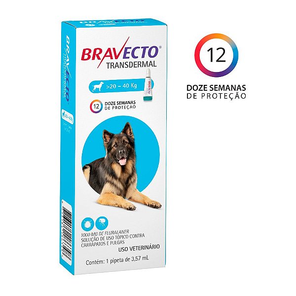 Antipulgas E Carrapatos Bravecto Transdermal 1000mg Para Cães De 20 A 40kg - Msd Saúde Animal