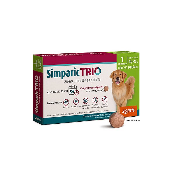 Antipulgas Simparic Trio 48 Mg Para Cães 20,1 A 40kg