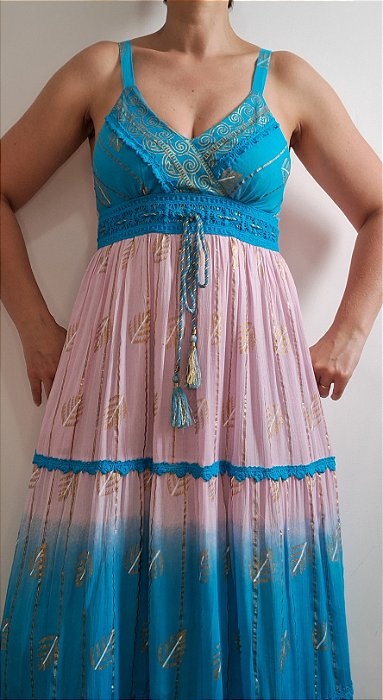 Vestido longo azul e rosa