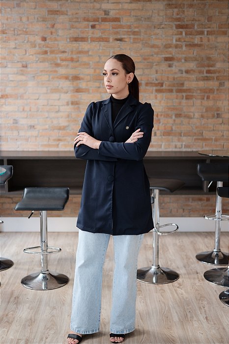 Jaleco Feminino Sabrina Gola Blazer Manga Bufante Azul