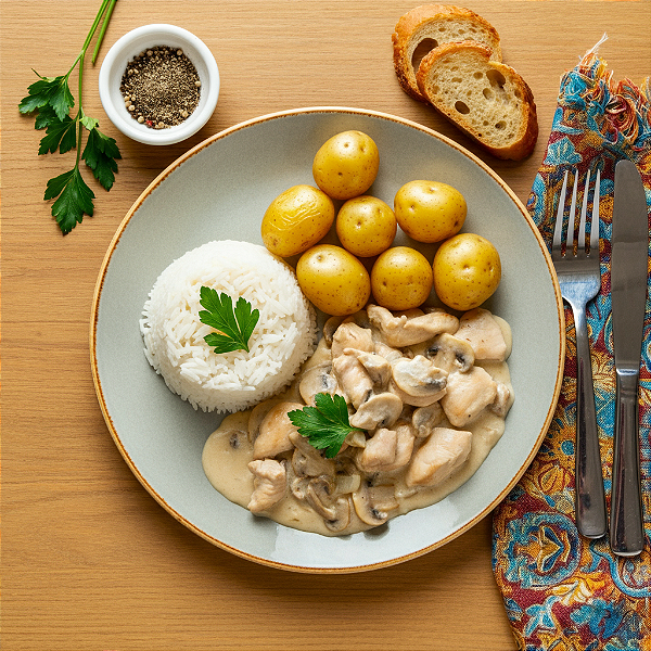 Strogonoff de Frango, Arroz Branco e Batata ao Murro