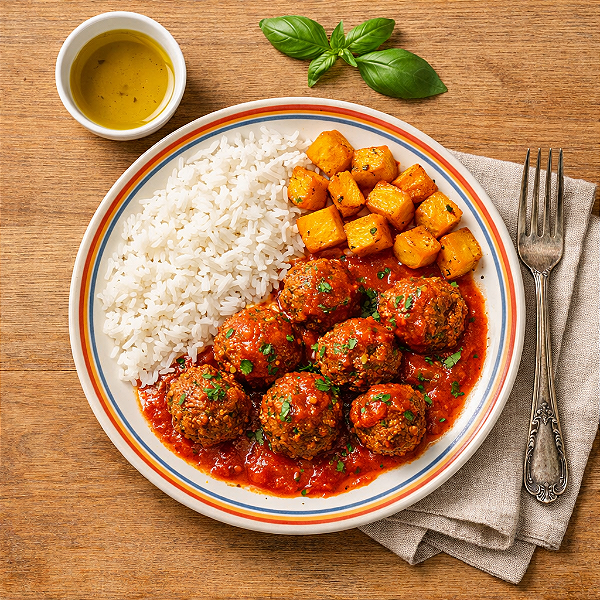 Almôndega de Quinoa ao Sugo com Arroz Branco e Abóbora