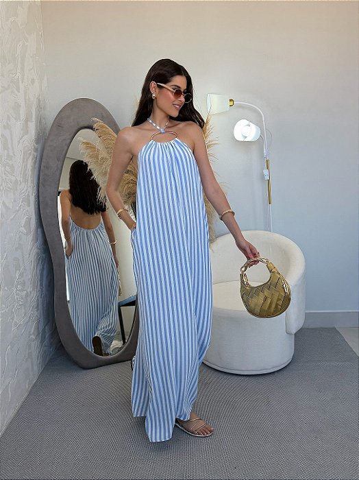 Vestido Verano Listrado Azul e Branco