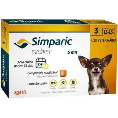Antipulgas E Carrapatos Zoetis Simparic 1,3-2,5kg 5mg 3 Comp.