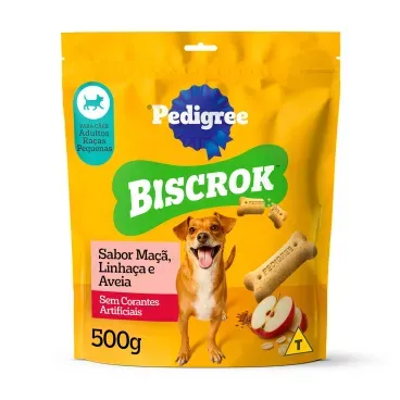 Biscoito Pedigree Biscrok Caes Adulto RaÇas Pequenas MaÇa, LinhaÇa  E Aveia  500g