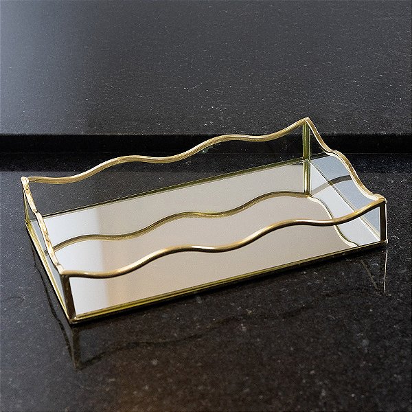 Bandeja Decorativa Retangular Metal Ocean Dourada com Espelho