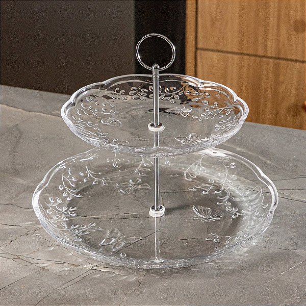 Prato para Doces 2 Andares de Cristal New Butterfly (20x26cm)
