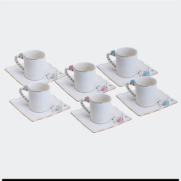 Conjunto de 6 Xícaras de Café em Porcelana com Pires Flower Square Plate 80 ml