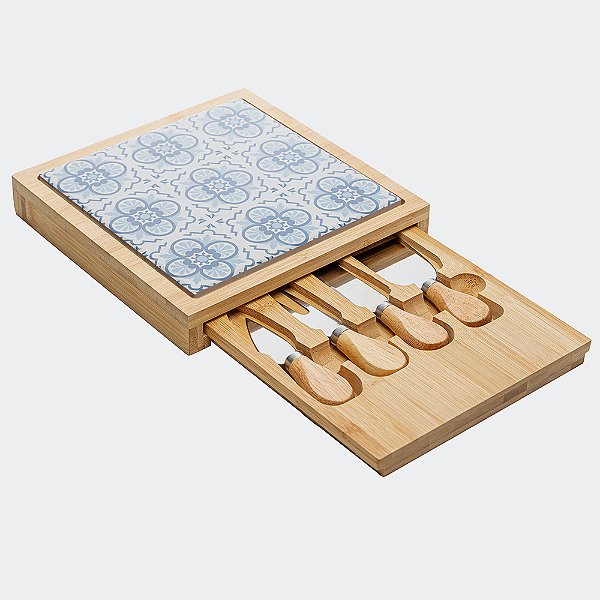 Conjunto para Queijo em Bambu Mosaico com Tábua e Gaveta 23x23 cm - 6 Peças