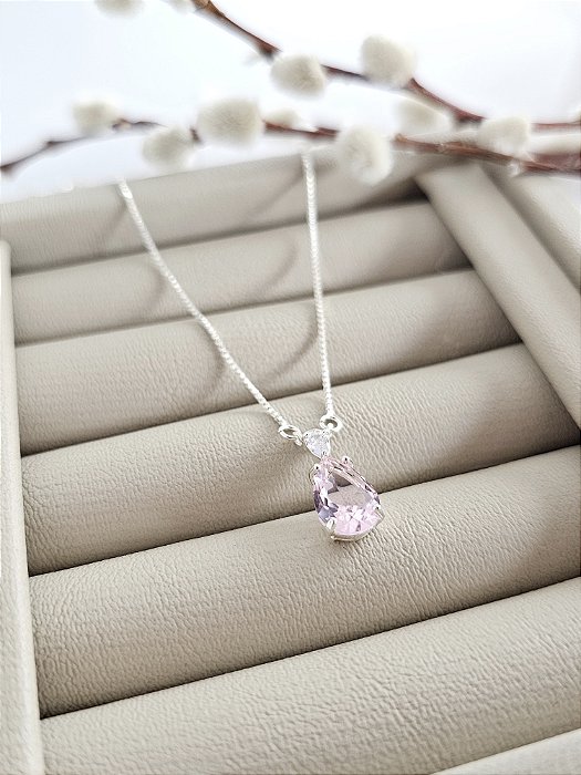 Colar com Pingente Gota em Zircônia Rosa