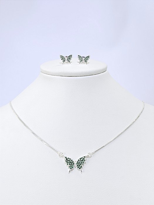 Conjunto Colar e Brinco Borboleta Cravejada Verde