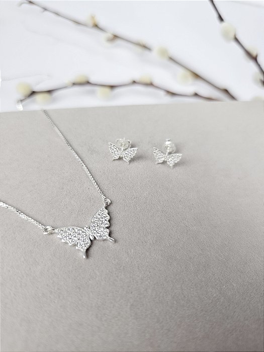 Conjunto Colar e Brinco Borboleta Cravejada Cristal