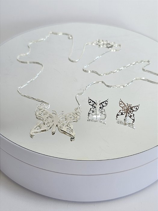 Conjunto Colar e Brincos Borboleta Vazada Lisa