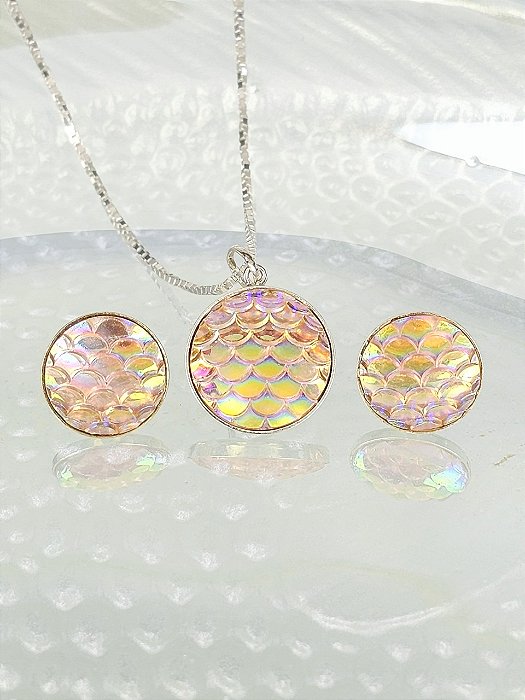 Conjunto Colar e Brinco Escama Sereia Rosa