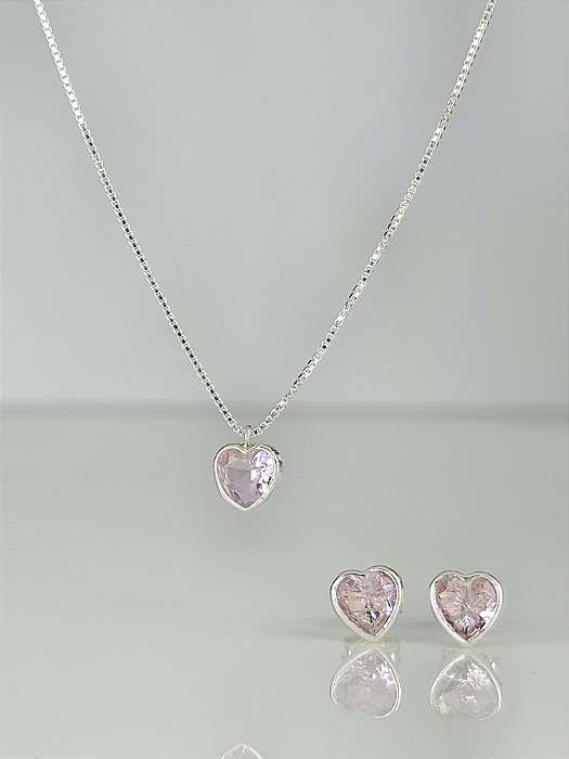 Conjunto Colar e Brinco Mini Coração Rosa Claro