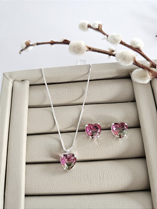Conjunto Colar e Brinco Coração Zircônia Melancia 10mm