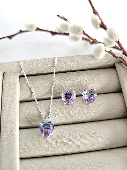 Conjunto Colar e Brinco Coração Zircônia Lilás Mesclado 10mm