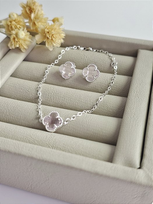 Conjunto brinco+pulseira trevo zircônia rosa