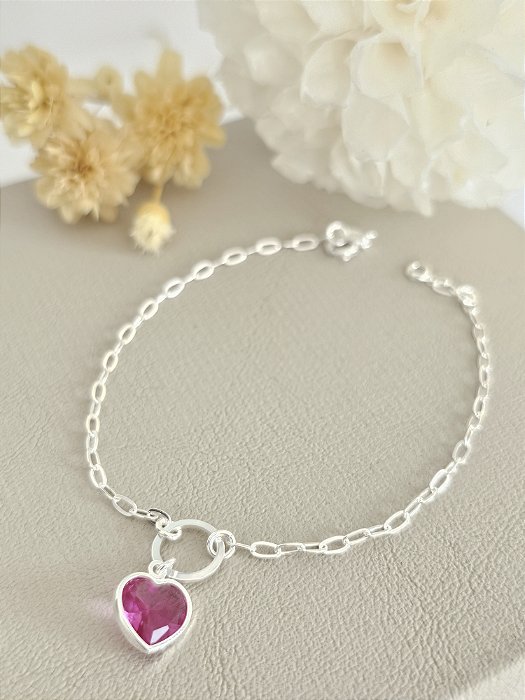 Pulseira com pingente coração rosa 18,5 cm