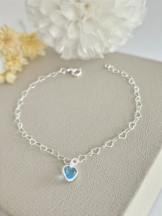 Pulseira elos de coração com pingente azul 19 cm