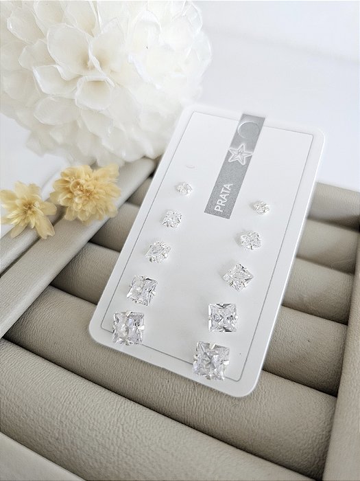 Kit 5 pares de brincos zircônia quadrada cristal