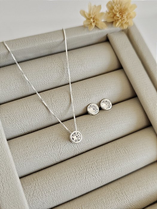 Conjunto colar e brincos ponto de luz cristal prata 925