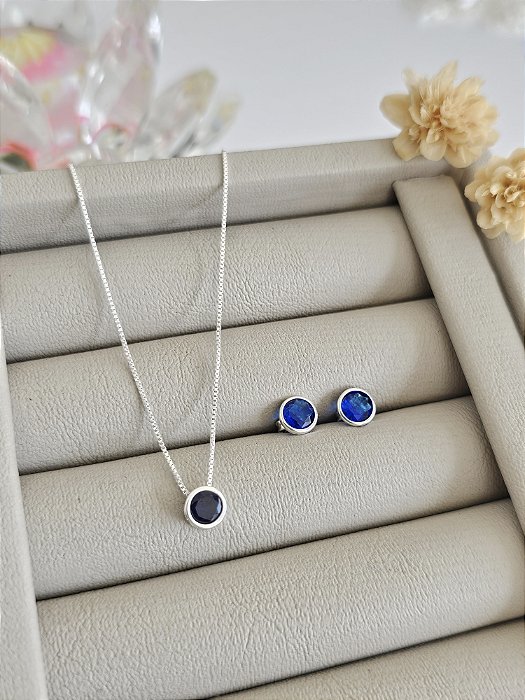 Conjunto colar e brincos ponto de luz safira prata 925