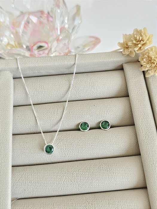 Conjunto colar e brincos ponto de luz esmeralda prata 925
