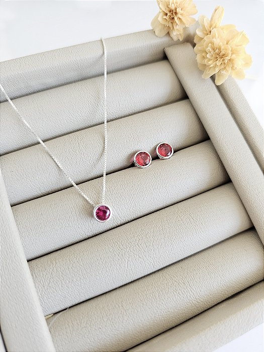 Conjunto colar e brincos ponto de luz ruby prata 925