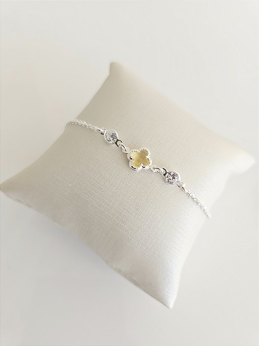 Pulseira trevo zircônia mel prata 925