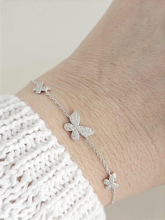 Pulseira Borboleta cravejada prata 925 e ródio