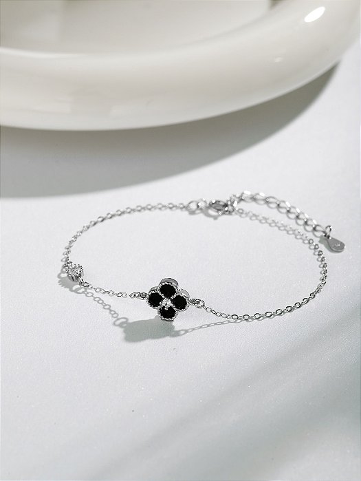 Pulseira Mini Trevo (preto) E Zircônia Prata 925 E Ródio