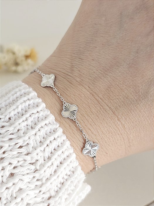 Pulseira trevo prata 925 e ródio