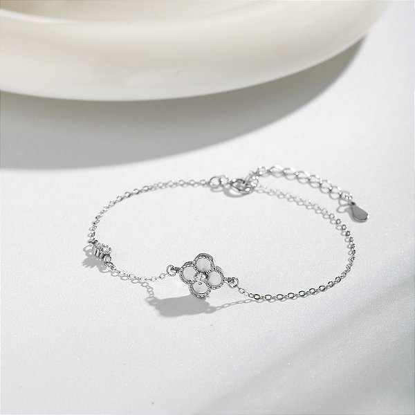 Pulseira mini trevo e zircônia prata 925 e ródio