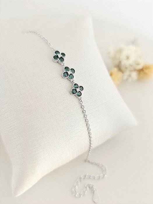 Pulseira 3 trevos zircônia verde prata 925 e ródio
