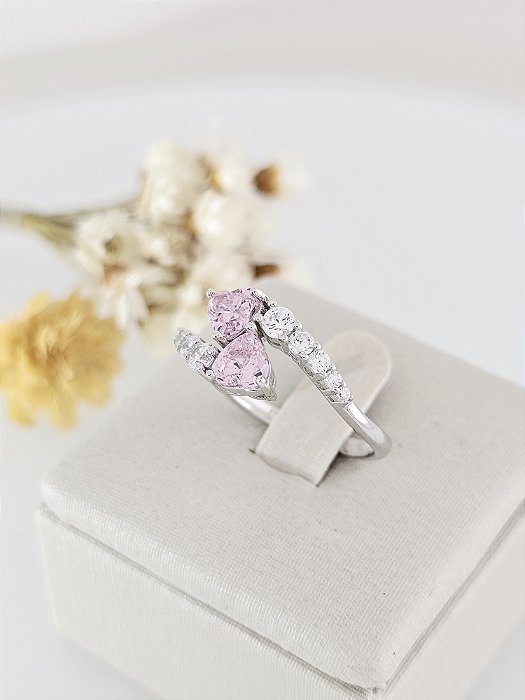 Anel corações de zircônia rosa prata 925 e ródio