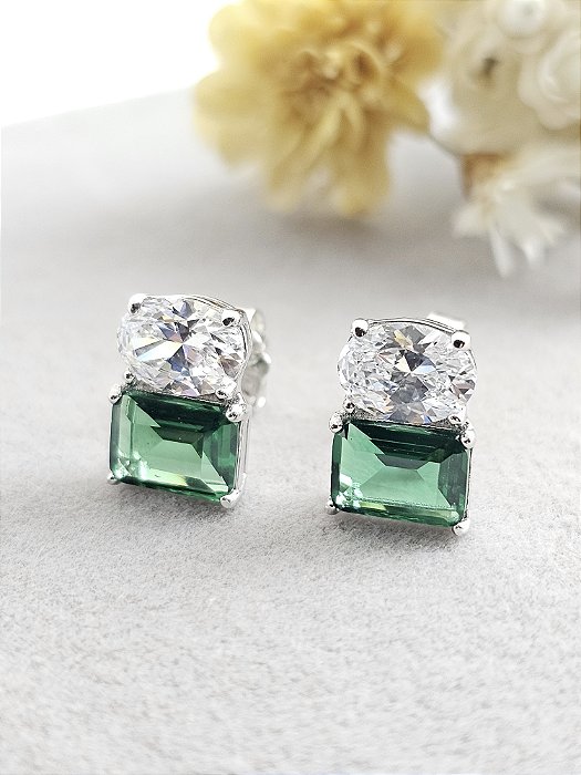 Brinco cristal e verde zircônia 5A prata 925 e ródio