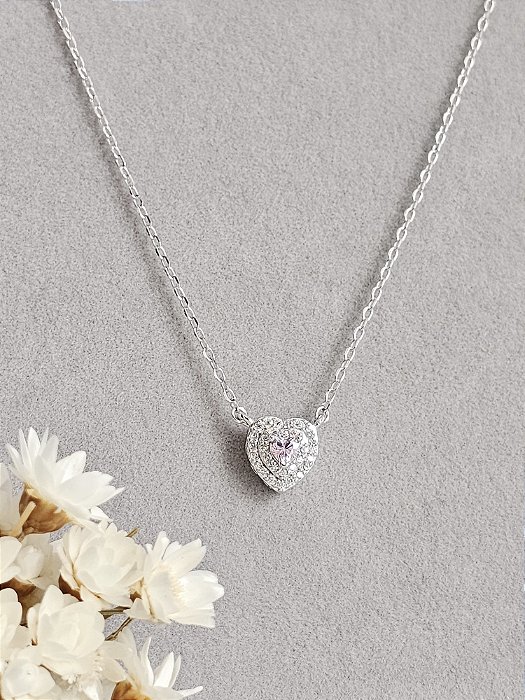 Gargantilha coração rosa cravejado prata 925 e ródio