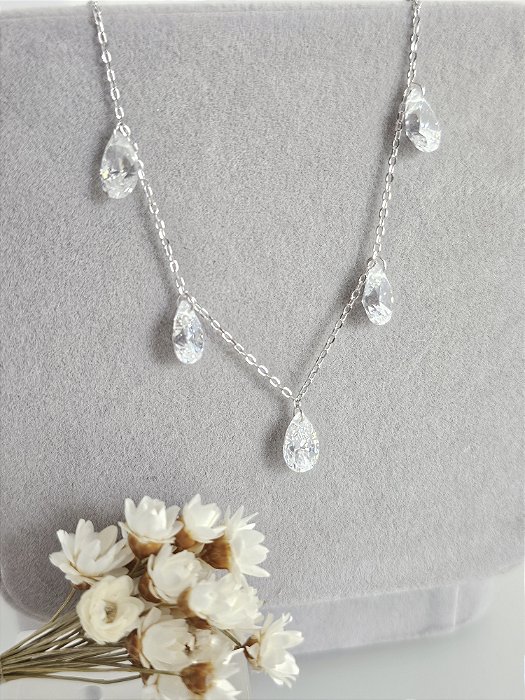 Gargantilha/ choker gotas de zircônia 5A- prata 925 e ródio