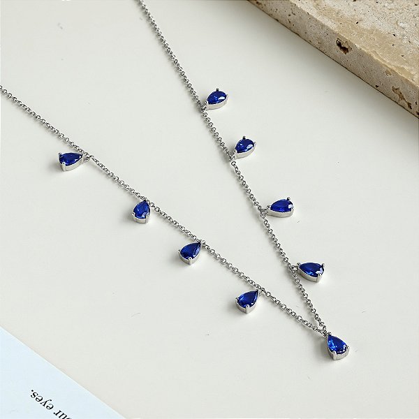 Gargantilha chocker gotas de zircônia 5A azul prata 925 e ródio
