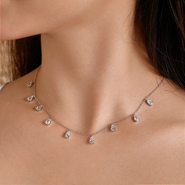 Gargantilha chocker gotas de zircônia 5A cristal prata 925 e ródio