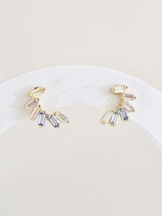 Brinco zircônia retangular colorida prata 925 banhado a ouro amarelo 18k