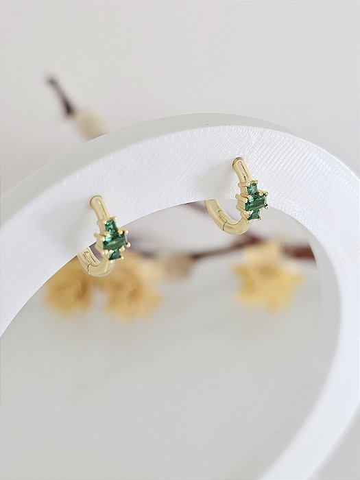 Brinco argolinha 10mm com zircônia verde prata 925 banhado a ouro amarelo 18k