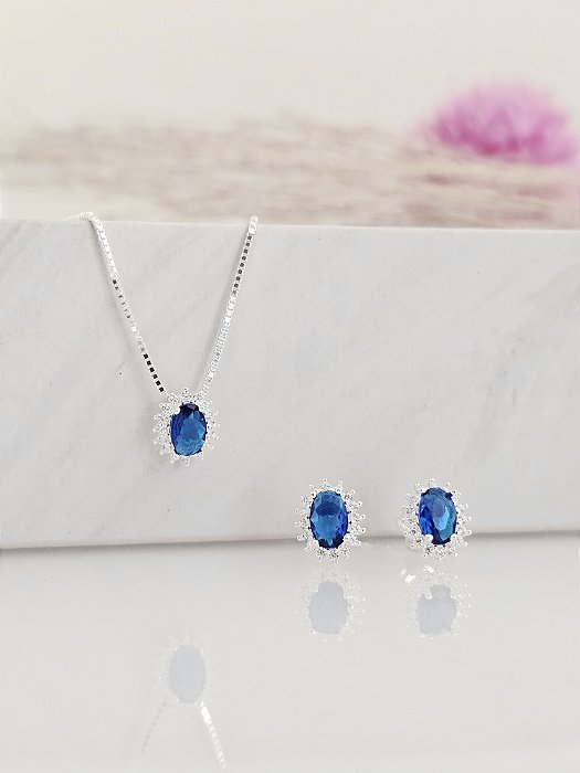 Conjunto ponto de luz oval cravejado prata 925/ cor safira