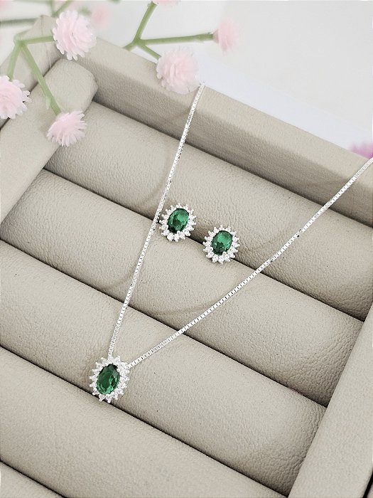 Conjunto ponto de luz oval cravejado prata 925/ cor esmeralda